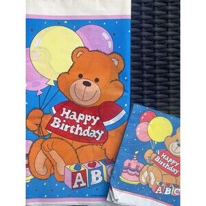 Vintage 1986 Teddy Bear Birthday Table Cover & 3 Matching Napkins Unused